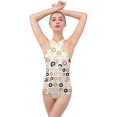 Donuts Pattern With Bites Bright Pastel Blue And Brown Cropped Sweatshirt Cross Front Low Back Swimsuit by genx