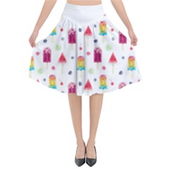 Popsicle Juice Watercolor With Fruit Berries And Cherries Summer Pattern Flared Midi Skirt by genx