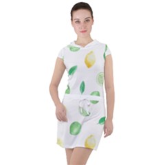 Lemon And Limes Yellow Green Watercolor Fruits With Citrus Leaves Pattern Drawstring Hooded Dress by genx