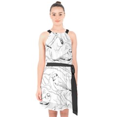 Birds Hand Drawn Outline Black And White Vintage Ink Halter Collar Waist Tie Chiffon Dress by genx