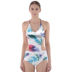 Feathers Boho Style Purple Red And Blue Watercolor Cut-out One Piece Swimsuit by genx