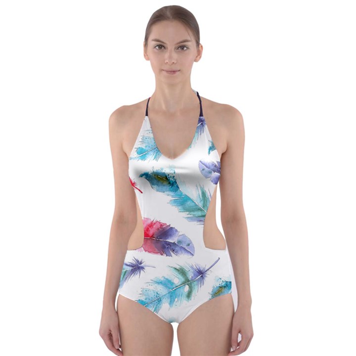 Feathers Boho Style Purple Red and Blue Watercolor Cut-Out One Piece Swimsuit