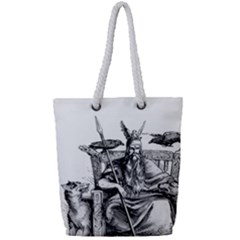 Odin On His Throne With Ravens Wolf On Black Stone Texture Full Print Rope Handle Tote (small) by snek