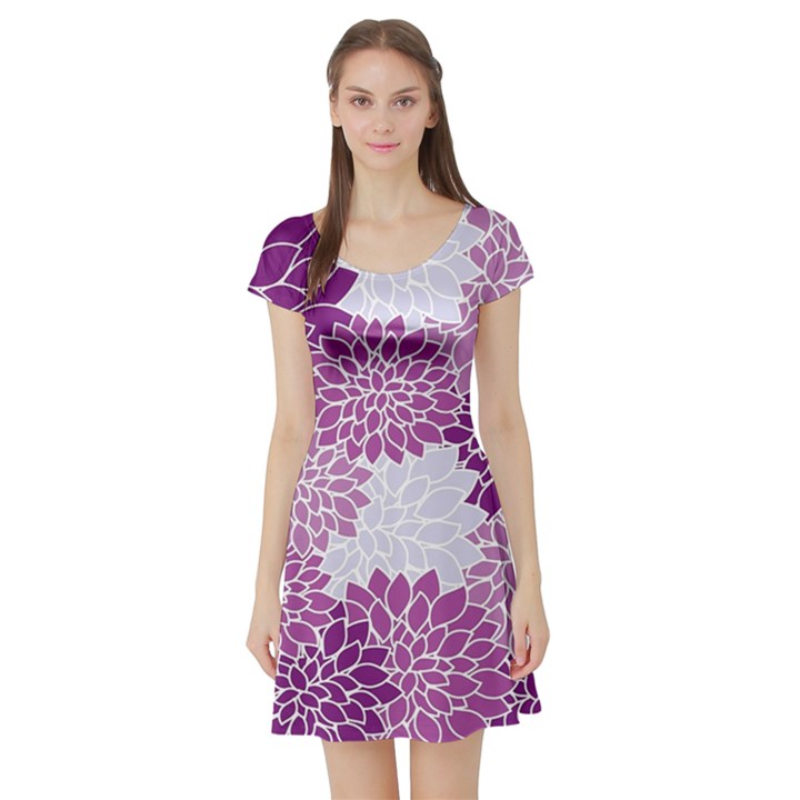 Purple Dahlias Design Short Sleeve Skater Dress