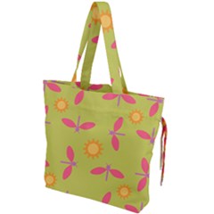 Dragonfly Sun Flower Seamlessly Drawstring Tote Bag by HermanTelo