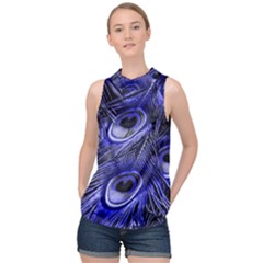 Peacock Feathers Color Plumage High Neck Satin Top by Pakrebo