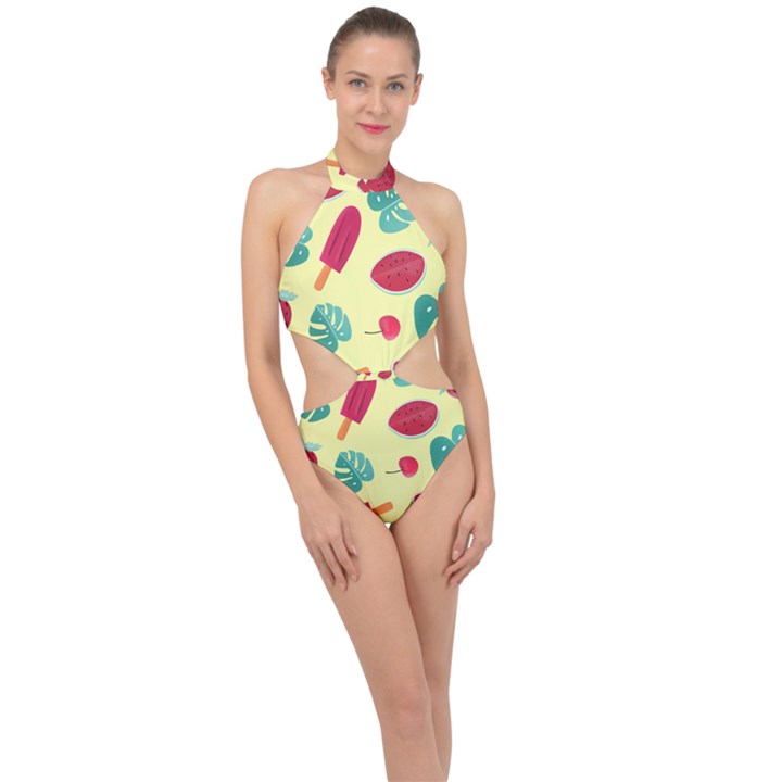 Watermelon Leaves Strawberry Halter Side Cut Swimsuit