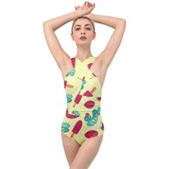 Watermelon Leaves Strawberry Cross Front Low Back Swimsuit by Pakrebo