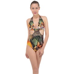 Pumpkin Vegetables Autumn Halter Front Plunge Swimsuit by Pakrebo