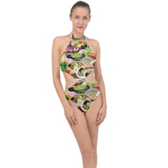 Eat Food Background Art Color Halter Side Cut Swimsuit by Pakrebo