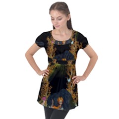 Cute Fairy With Awesome Wolf In The Night Puff Sleeve Tunic Top by FantasyWorld7