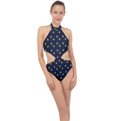 Peeled Banana On Blue Halter Side Cut Swimsuit by snowwhitegirl