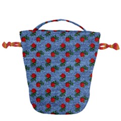 Blue Denim And Roses Drawstring Bucket Bag by snowwhitegirl