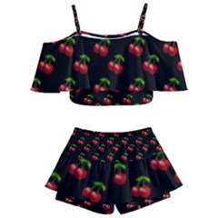 Retro Black Cherries Kids  Off Shoulder Skirt Bikini by snowwhitegirl