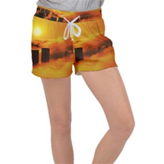 City Sun Clouds Smog Sky Yellow Women s Velour Lounge Shorts by HermanTelo