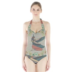 Egyptian Woman Wings Design Halter Swimsuit by Sapixe