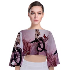 Wonderful Dark Mermaid Sitting On A Tree Tie Back Butterfly Sleeve Chiffon Top by FantasyWorld7