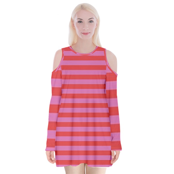 Love Sick - Bubblegum Pink Stripes Velvet Long Sleeve Shoulder Cutout Dress