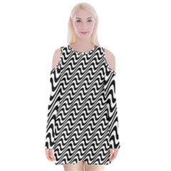 Insomnia - Black & White Stripes Velvet Long Sleeve Shoulder Cutout Dress by WensdaiAmbrose