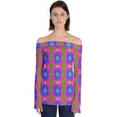 Groovy Purple Green Pink Square Pattern Off Shoulder Long Sleeve Top by BrightVibesDesign