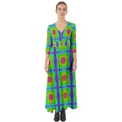 Groovy Yellow Pink Purple Square Pattern Button Up Boho Maxi Dress by BrightVibesDesign