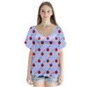 Kawaii Cherries Blue Pattern V-Neck Flutter Sleeve Top View1