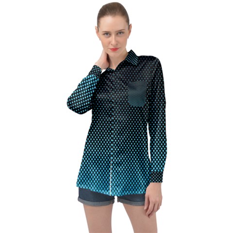 Sharp - Turquoise Halftone Long Sleeve Satin Shirt by WensdaiAmbrose