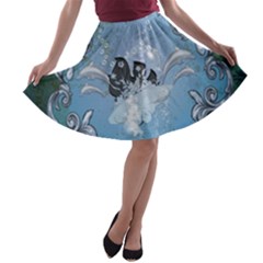 Surfboard With Dolphin A-line Skater Skirt by FantasyWorld7