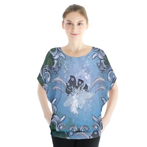 Surfboard With Dolphin Batwing Chiffon Blouse by FantasyWorld7