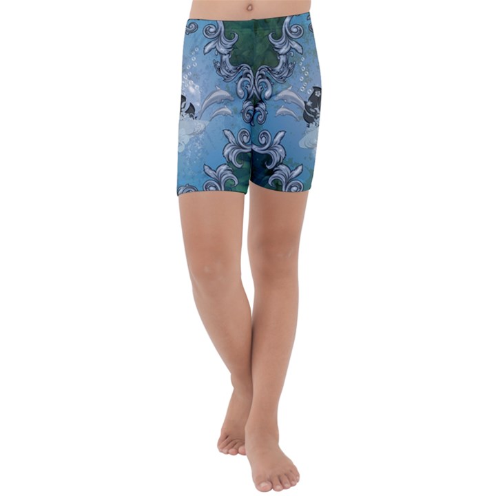 Surfboard With Dolphin Kids  Lightweight Velour Capri Yoga Leggings