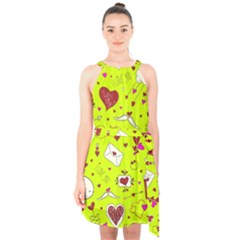 Valentin s Day Love Hearts Pattern Red Pink Green Halter Collar Waist Tie Chiffon Dress by EDDArt