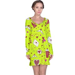 Valentin s Day Love Hearts Pattern Red Pink Green Long Sleeve Nightdress by EDDArt