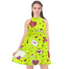 Valentin s Day Love Hearts Pattern Red Pink Green Halter Neckline Chiffon Dress  by EDDArt