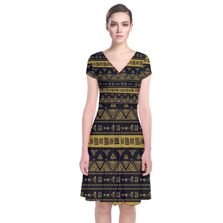 Native American Ornaments Watercolor Pattern Black Gold Short Sleeve Front Wrap Dress