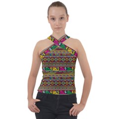 Traditional Africa Border Wallpaper Pattern Colored Cross Neck Velour Top by EDDArt