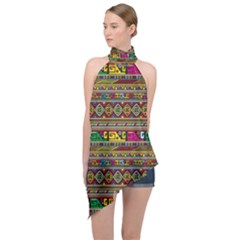 Traditional Africa Border Wallpaper Pattern Colored Halter Asymmetric Satin Top by EDDArt