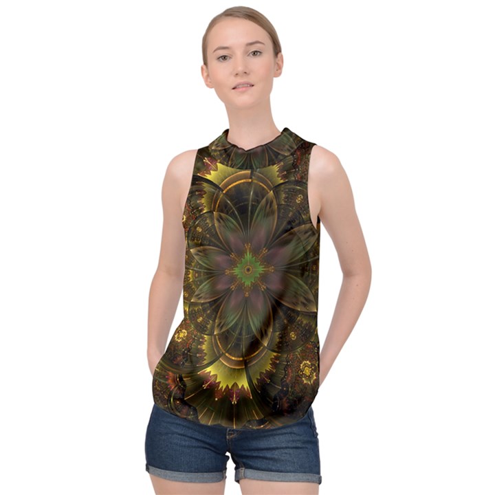 Fractal Flower Fall Gold Colorful High Neck Satin Top