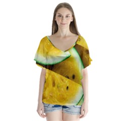 Sliced Watermelon Lot V-neck Flutter Sleeve Top by Pakrebo