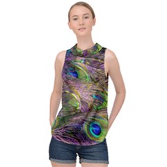 Green Purple And Blue Peacock Feather Digital Wallpaper High Neck Satin Top by Pakrebo