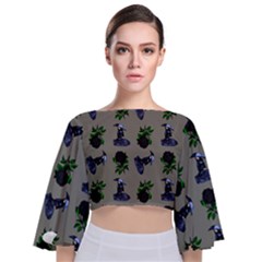 Gothic Girl Rose Grey Pattern Tie Back Butterfly Sleeve Chiffon Top by snowwhitegirl