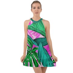 Tropical Greens Monstera Summer Halter Tie Back Chiffon Dress by Simbadda