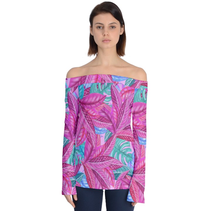 Leaves Tropical Reason Stamping Off Shoulder Long Sleeve Top