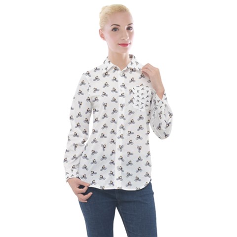 Cycling Motif Design Pattern Women s Long Sleeve Pocket Shirt by dflcprintsclothing