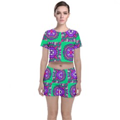 Purple Shapes On A Green Background                        Crop Top And Shorts Co-ord Set by LalyLauraFLM