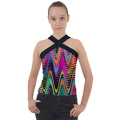 Multicolored Wave Distortion Zigzag Chevrons 2 Background Color Solid Black Cross Neck Velour Top by EDDArt