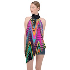 Multicolored Wave Distortion Zigzag Chevrons 2 Background Color Solid Black Halter Asymmetric Satin Top by EDDArt