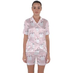 Pattern Pink Cute Sweet Fur Cats Satin Short Sleeve Pyjamas Set by Pakrebo