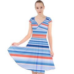 Blue And Coral Stripe 2 Cap Sleeve Front Wrap Midi Dress by dressshop