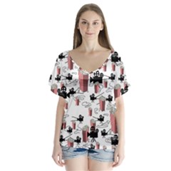 Movies And Popcorn V-neck Flutter Sleeve Top by bloomingvinedesign