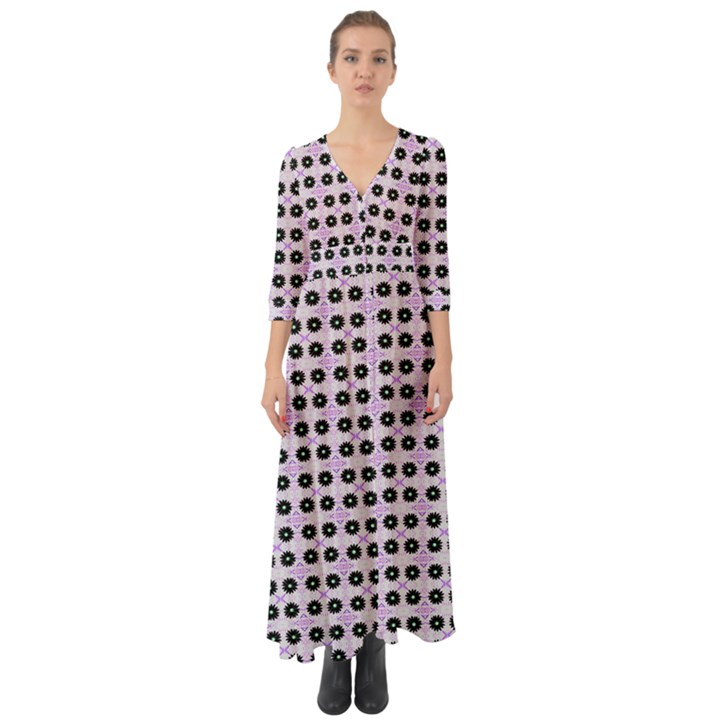 Black Flower On Pink White Pattern Button Up Boho Maxi Dress